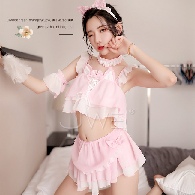 魅惑熱吻.分體式可愛女僕貓女制服套裝六件組(粉色)