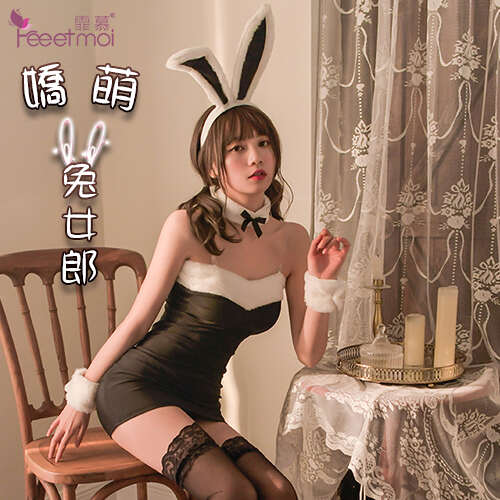 兔女郎角色扮演服!毛絨香肩拼針織連身裙含絲襪六件式套裝﹝黑﹞