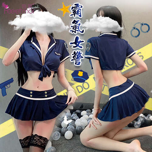 女警角色扮演服!前開襟綁帶短上衣金屬鈕釦皺摺短裙四件式套裝 - 含絲襪