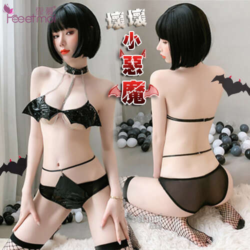 小惡魔情趣比基尼!漆皮金屬鍊條頸環三件組 - 含網襪